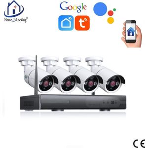 WiFI camera set van 4 bullet ip-camera's 2.0MP met NVR draadloos met bediening via APP en kan werken met spraakgestuurde apps. T-2056