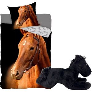 Dekbedovertrek Bruin Paard-Paardenhoofd- 140x200- katoen- incl. zwarte paarden knuffel- pluche 32cm.