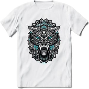 Wolf - Dieren Mandala T-Shirt | Lichtblauw | Grappig Verjaardag Zentangle Dierenkop Cadeau Shirt | Dames - Heren - Unisex | Wildlife Tshirt Kleding Kado | - Wit - 3XL