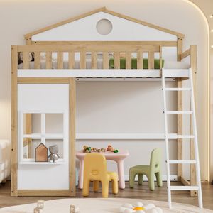 Sweiko Hoogslaper, met trap, met valbeveiliging en reling, ledikant met dak en raam, vrij ontworpen basisbed, grenen frame, grenen+MDF, wit+natuurlijk, 90x200cm