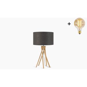 Tafellamp – KILIMANJARO – Bamboe - Donkergrijs Linnen - Met LED-lamp