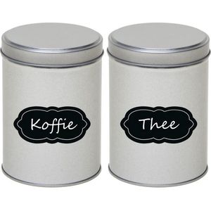 2x Zilveren ronde opbergblikken/bewaarblikken met beschrijfbare labels/etiketten 13 cm - Koffie/thee voorraadblikken - Voorraadbussen - Voorraadkast organiseren