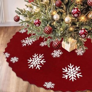 Kerstboomrok Gebreid 90cm - Bordeau met Sneeuwvlokken | Rustieke Kerstdecoraties