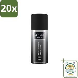 20 x Vogue Anti-Transpirant Mystic Black 150 ml - Grootverpakking - Anti-transpirant - Deodorant Spray - 48 Uur Bescherming - Mannelijke Geur - Patchouli