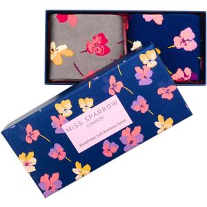 Miss Sparrow - Bamboe sokken dames cadeaudoos - viooltjes - bloemen - vrolijke sokken - damessokken - giftbox- geschenkset - cadeau