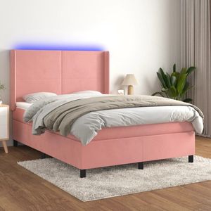 The Living Store Bed Roze Fluweel 193x147x118/128 cm - Pocketvering Matras - Huidvriendelijk Topmatras - Kleurrijke LED-Verlichting