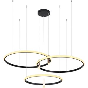 Hanglamp met drie grote ringens-s120 x 90cms-sLedlamps-sMetaals-sZwarts-sMats-sLEDs-sMetaal Goudkleurig