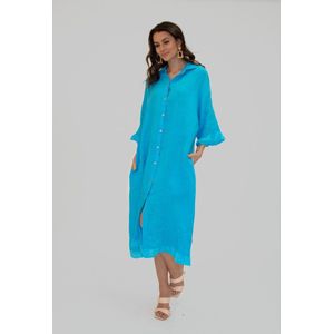 Maxi linnen jurk dames turquoise – zomerse one size strandjurk – luchtige jurk met knopen