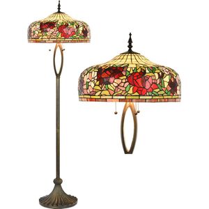 LumiLamp Tiffany Vloerlamp Ø 48x165 cm Beige Rood Glas Kunststof Rond Bloemen Staande Lamp