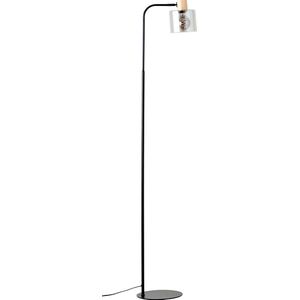 Brilliant Weald vloerlamp 1.6m zwart/smoke/hout metaal/glas/hout voetschakelaar 1x A60, E27, 40 W, geschikt voor normale lamp (niet inbegrepen)