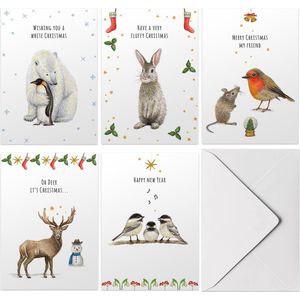 Set van 50 stuks vrolijke kerstkaarten met enveloppen - Engelse tekst- 5 winterdieren handgeschilderd - dubbele kaart met vouw op mooi ECO papier - A6 formaat