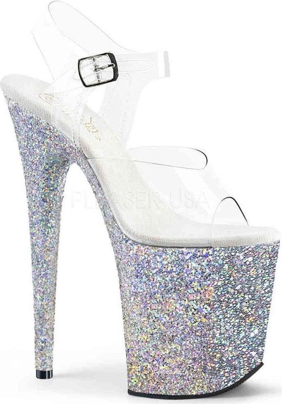 Pleaser - FLAMINGO-808LG - Sandaal met Enkelband - Zilverkleurig/Transparant - Paaldans Schoenen