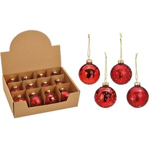 G. Wurm Kerstballen - 12 stuks - rood - luxe gedecoreerd - glas - 6 cm