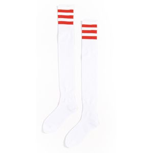 KIMU Sokken Wit Rode Strepen - Maat 36-41 - Dames Heren Unisex - Witte Lange Kniekousen Voetbalsokken Sportsokken Kniesokken Kousen Streepjes Sinterklaas Kado