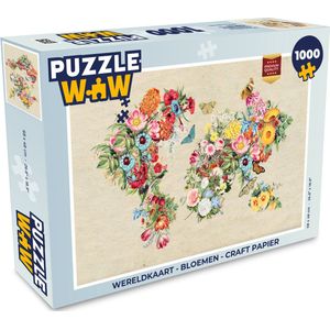Puzzel Wereldkaart - Bloemen - Craft papier - Legpuzzel - Puzzel 1000 stukjes volwassenen