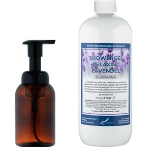 Zeepdispenser 300 ml amber bruin hervulbaar + 1 liter Showergel Relaxing Lavendel navulling