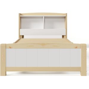 Massief Houten Eenpersoonsbed 90x200 cm Opbergruimte Hoofdeinde Bedframe Met Lattenbodem Houten Bed Met Hoofdeinde Kinderbed Jeugd Bed Vuren Massief Natuurlijk en Wit (Zonder Matras en Lade)