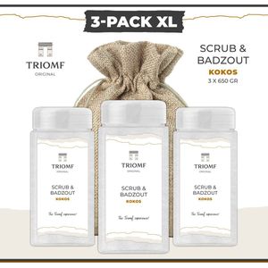 Deluxe Scrub & Badzout - 650 gram - Kokos - 3-Pack | Triomf Original - Luxe Wellness - Scrubzout Body Peeling Hammam - Hydraterende Lichaamsscrub - Sea Salt Bodyscrub - Verzorgings Giftset van 3 - Zeezout - Huidverzorging - Douche - Sauna - Bad