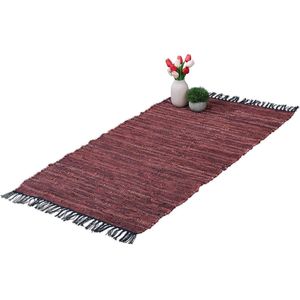 Relaxdays vloerkleed - leder en katoen - tapijt - antislip - chill mat - lappen - franjes - Rood, 70 x 140 cm