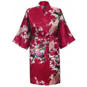 KIMU® Kimono Donkerrood Kort - Maat XS-S - Yukata Satijn Boven de Knie - Korte Bordeauxrode Ochtendjas Japanse Kamerjas Sexy Satijnen Badjas Geisha Sinterklaas Kado