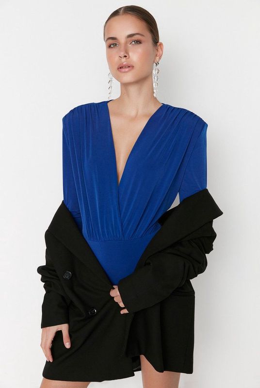 Trendyol Dames dames getailleerd Bodycon double-breasted geweven bodysuit shirt, saxe blauw, 38, Saxe Blauw, 64