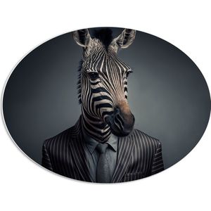 PVC Schuimplaat Ovaal - Gestreepte Zebra in Gestreeot Zakelijk Pak met Stropdas - 68x51 cm Foto op Ovaal (Met Ophangsysteem)