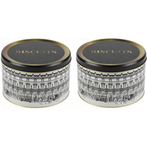 Urban Living koektrommel/voorraadblik Biscuits - 2x - Versailles - metaal - wit/zwart - 17 x 11 cm