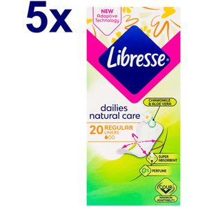 Libresse Natural Care Dagelijkse Inlegkruisjes Normal – zonder vleugels – 5x 20 stuks – zacht met Aloë Vera & Kamille - Voordeelverpakking