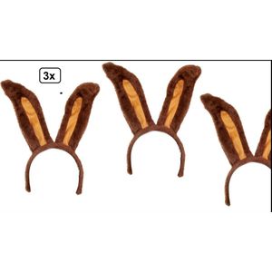 3x Diadeem konijnenoren bruin - hoofddeksel haarband carnaval grappig en fout festival optocht evenement verkleden hoofd konijn haas