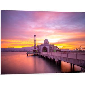 PVC Schuimplaat - Zon Verdwijnend Achter Surau Terapung Penang Port Moskee, Malesië - 100x75 cm Foto op PVC Schuimplaat (Met Ophangsysteem)
