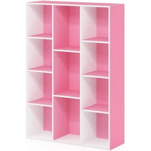 Open boekenkast met 11 vakken, hout, wit/roze, 23,88 x 73,91 x 105,92 cm
