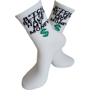 Verjaardags cadeau - Bitch Sokken - Geld sokken - vrolijke sokken - witte sokken - tennis sokken - sport sokken - valentijns cadeau - sokken met tekst - aparte sokken - grappige sokken - Socks waar je Happy van wordt - maat 37-44