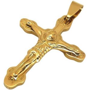 Prachtig bewerkt goudkleurig Rvs kruis met jezus, H 45 x 33 mm.