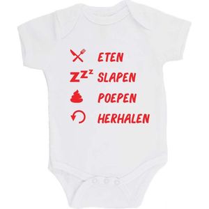 100% katoenen Romper bedrukt met grappige tekst Kado Cadeau Kraamkado Kraamcadeau ""Eten Slapen Poepen Herhalen Unisex Katoen Wit/rood Maat 56/62