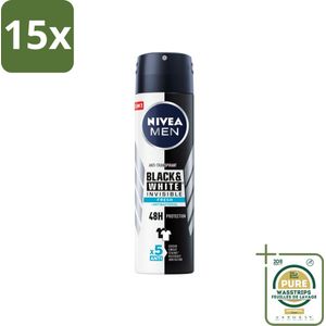 15 x NIVEA Men Deodorant Spray Invisible for Black & White Fresh 150 ml - Grootverpakking - Deodorant Spray - Anti-Transpirant - Zweetbehandeling - Witte Strepen - Gele Vlekken