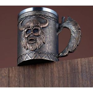 The Viking Bijl beker, roestvrij stalen schedel-bierbeker, Viking schedelbeker, doodshoofd, bierkopjes, koffiemok, middeleeuwse schedel, drinkbeker voor koffie/sap 500 ml.