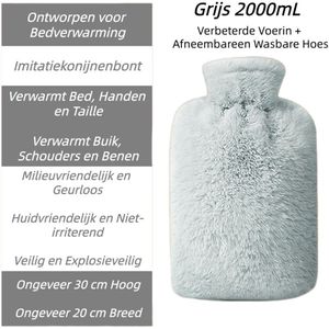 Premium Warmwaterkruik met Hoes 2L - Kruik met Zachte Imitatie Konijnenbont Hoes - Warmwaterzak van PVC met Hoge Dichtheid - Bedkruik voor Volwassenen - Lekvrije Bedkruik - Grijs