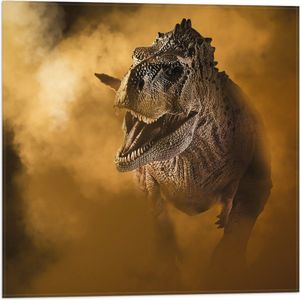 Vlag - Angstaanjagend T-rex Dinosaurs vanuit Oranje Mist - 50x50 cm Foto op Polyester Vlag