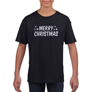 Merry Christmas Kerst t-shirt - zwart met zilveren glitter bedrukking - kinderen - Kerstkleding / Kerst outfit 140/152