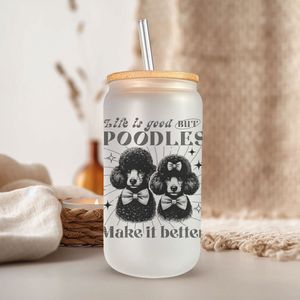 Poedel Glazen Drinkbeker met Glazen Rietje en Deksel - Bubble Tea - Koffiebeker - Koffieglas - Koffie glas - 500ml ijskoffie beker - Koffie beker - Mason Jar - Boba - Theebeker - Thee beker - Glazen Drinkbeker - Ijskoffie glas - Huisdier Cadeau