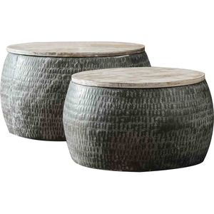 Salontafelset 2-delig rond | grijs gepatineerd mango hout | Ø 50/Ø 60 cm | 61x61x32,5 cm | modern industrieel ontwerp | woonkamer