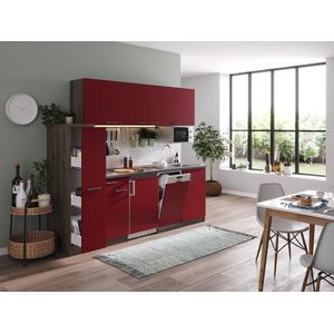 Goedkope keuken 225  cm - complete keuken met apparatuur Oliver  - Donker eiken/Rood  - keramische kookplaat - vaatwasser  - magnetron  - spoelbak