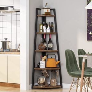 Boekenkast - Hoekkast - Kast met planken - Kwart cirkel - 5 planken - Industrieel - Hout en metaal - Bruin/Zwart