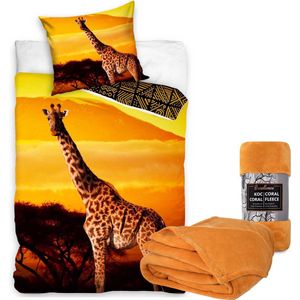 Dekbedovertrek Giraffe - Afrika- 1 persoons- 140x200- katoen- wildernis, incl. Fleecedeken Saharageel 150 X 200 Cm Polyester