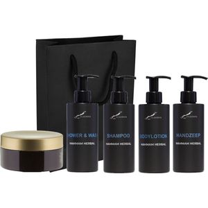 Compleet pakket Hammam Herbal - Shower & Wash + Shampoo + Bodylotion + Handzeep + Scrubzout 300 gram - 300 ml per fles - complete set van 5 stuks - met luxe gift tas - cadeau - giftset voor hem en haar