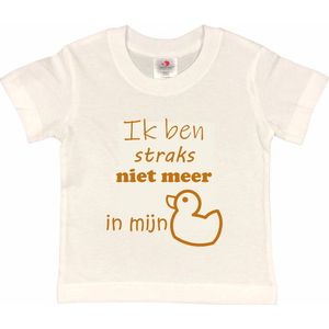 Shirt Aankondiging zwangerschap ""Ik ben straks niet meer in mijn eendje | korte mouw | Wit/tan | maat 98/104 zwangerschap aankondiging bekendmaking