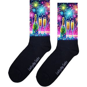 Nieuwjaar - Valentijn sokken - Verjaardag Cadeau - Grappige sokken - Feest - Leuke sokken - Hem Haar sokken - Vrolijke sokken - Vuurwerk - Champagne - Sinterklaas cadeau - Kerst cadeau - Leuk Cadeau - Speciaal cadeau - Socks maken Happy - Maat 37-44
