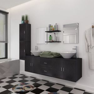 The Living Store Black Bathroom Furniture Set - 1 Wall-mounted Vanity Cabinet - 2 Wall Cabinets - 2 Mirrors - 2 Shelves - 2 Sinks