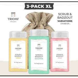 Deluxe Scrub & Badzout - 650 gram - Variations 3 - 3-Pack | Triomf Original - Luxe Wellness - Scrubzout Body Peeling Hammam - Hydraterende Lichaamsscrub - Sea Salt Bodyscrub - Verzorgings Giftset van 3 - Zeezout - Huidverzorging - Douche - Sauna -Bad