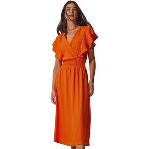Happinessistanbul Oranje Gebreide Damesjurk Met Volantstructuur Ci00025